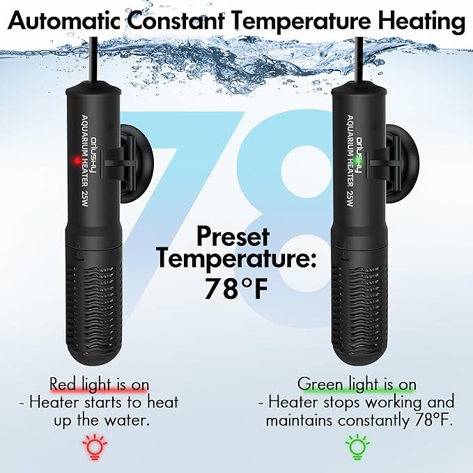 Orlushy 25W Small Submersible Aquarium Heater, Constant Temperature Betta Fish Tank Heater of 78℉for 1-6 Gallons Freshwater & Saltwater Tanks