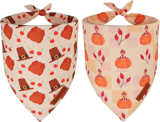 ADOGGYGO Thanksgiving Dog Bandanas 2 Pack, Reversible Turkey Pumpkin Pet Scarf Bib, Adjustable Fit Orange Thanksgiving Bandana for Small Dogs (Small)