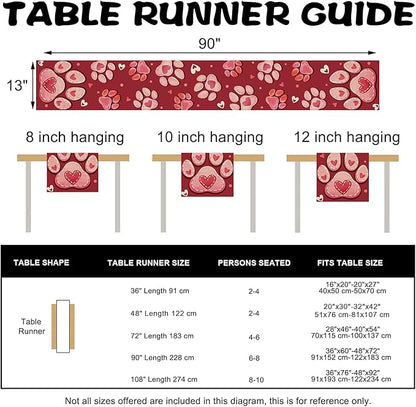 Valentines Day Dog Cat Paw Prints Table Runner, Red Love Hearts Kitchen Dining Table Decoration Pet Lover Gift, Anniversary Wedding Burlap Indoor Outdoor Home Decor Party Supply 13 x 90 Inches