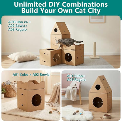 Modular Cardboard Cat Condo System, Bowl-Shaped Cat Bed Module, Foldable Stackable DIY Cat House for Indoor Cats
