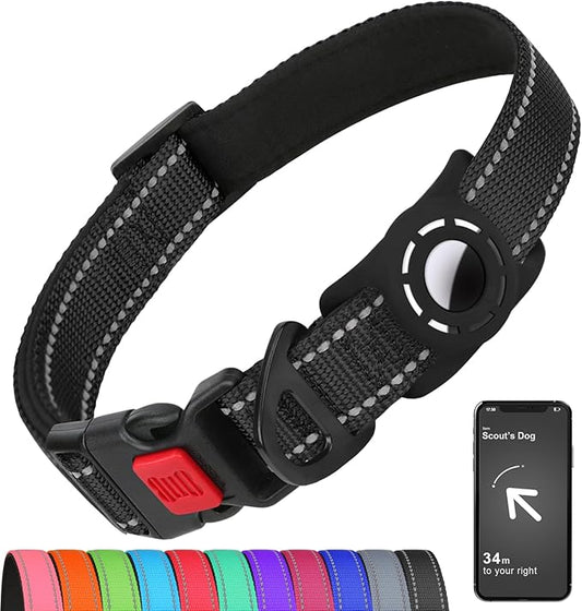 Airtag Dog Collar with AirTag Holder for Medium Dogs, Reflective, Soft Padded & Safety Locking Buckle, Nylon Pet Collars Adjustable for All Breeds, Black,M