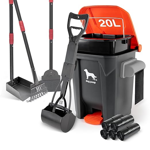 Dog Pooper Scooper, 7Pcs Set Poop Trash Can with Removable Inner Bucket, Long Handle Tray & Rake, 60 Waste Bags, Dog Waste Large Bin Waterproof for Outdoor, Backyard, Garden