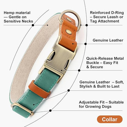 Plutus Pet Genuine Leather & Hemp Dog Collar – Adjustable Heavy Duty Pet Collar with Quick Release Metal Buckle, Soft & Stylish for Puppy and Small, Medium, Large Dogs (Green, XS)