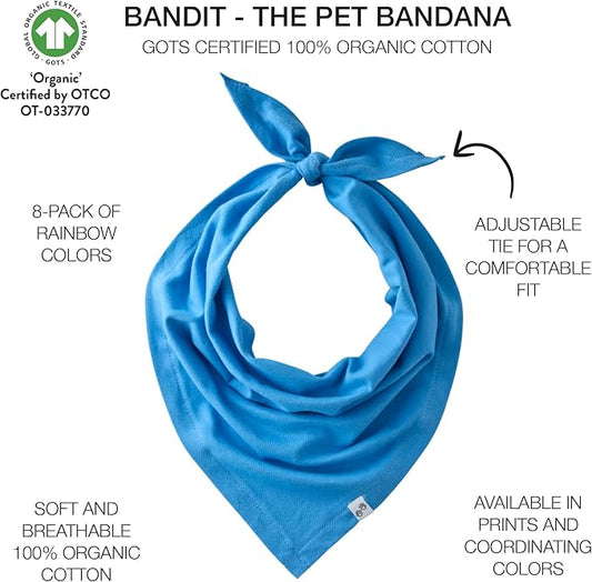 Bandit - The PET Bandana, 8 Pack 100% Organic Cotton Pet Bandanas Clothes for Small, Medium, Large Dogs, Rainbow Blue, Medium/X-Large