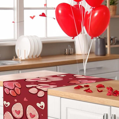 Valentines Day Dog Cat Paw Prints Table Runner, Red Love Hearts Kitchen Dining Table Decoration Pet Lover Gift, Anniversary Wedding Burlap Indoor Outdoor Home Decor Party Supply 13 x 108 Inches