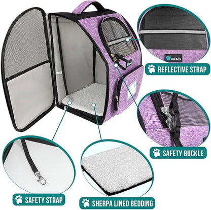 PetAmi Dog Backpack Carrier for Small Large Cat, Pet, Puppy, Ventilated Pet Hiking Backpack Travel Bag, Airline Approved Cat Backpack Carrier, Camping Biking Dog Bag Up to 18lbs Pet, Purple