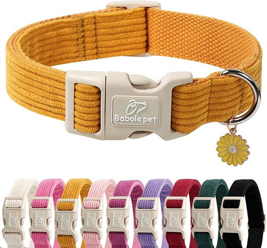 Cute Corduroy Dog Collar - Mustard Yellow Adjustable Dog Collars for X-Small Dogs 4-10lbs, Fade-Proof with Secure Snap & Little Charm, Christmas Birthday Gift, XS