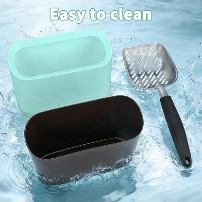 Heavy-Duty Cat Litter Scoop with Holder, Metal Cat Scooper and Detachable Trash Can,Aluminum Kitty Poop Shovel Captures All Clumps,Speed Sifter Litter Box Scooper and Caddy with Lid(Green)