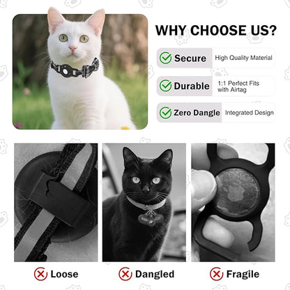 Airtag Cat Collar Breakaway, Cat Collar with Airtag Holder with Bells and Bowtie for Girl Boy Cats, Lightweight Adjustable Kitten Plaid Collars GPS Tracker Holder for Small Dogs Pets, Black