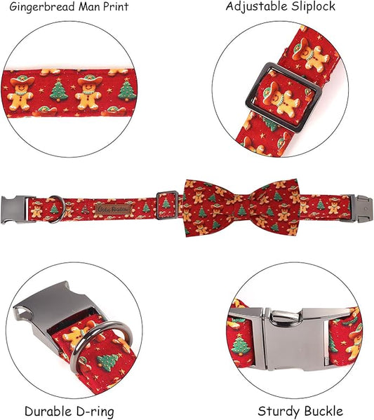 Christmas Dog Collar, Soft Pet Collar Gingerbread Man Cute Dog Collar with Bow Red Christmas Tree Adjustable Sturdy Collars Winter Holiday Collars for X-Large Girl Boy Dogs
