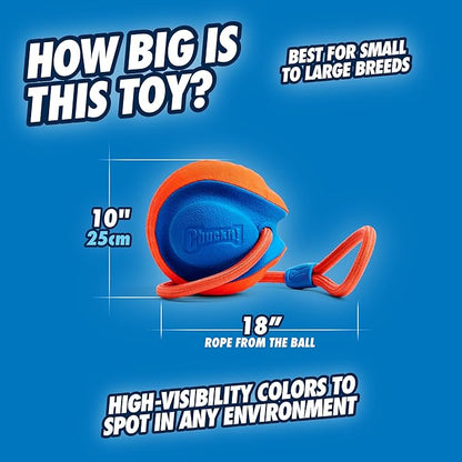 Chuckit! Rope Fetch Dog Toy - Ball on Rope Fetch and Tug-of-War Toy for Dogs - Durable EVA Rubber Construction - 5.5-inch Diameter - 18-inch Rope - Orange and Blue