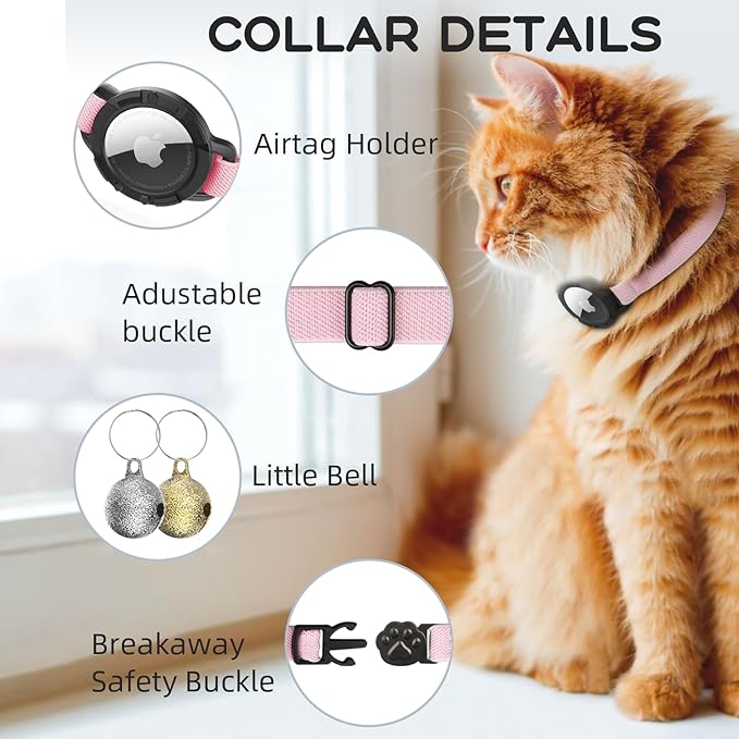 AirTag Cat Collars, Stretchy Collar with Apple AirTag Holder and Bell, Breakaway Ultra Design Elastic GPS Tracking Collars for Cats and Puppies, (7.5-12.5 Inch), Pink