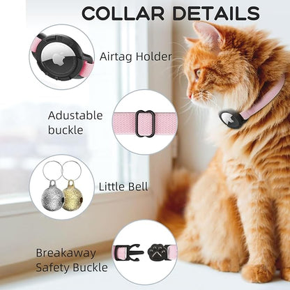 AirTag Cat Collars, Stretchy Collar with Apple AirTag Holder and Bell, Breakaway Ultra Design Elastic GPS Tracking Collars for Cats and Puppies, (7.5-12.5 Inch), Pink