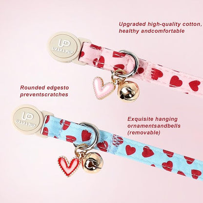 Cat Collar, 2Pack Valentine's Day Cat Collars-Cute Breakaway Cat Collar with Bell & Pendant, Sweet Heart Kitten Collars Pink Hearts with Safety Buckle for Girl and Boy Cats, 7-12Inch