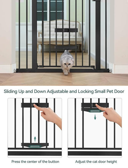 BABELIO 29-48" Extra Wide Baby Gate with Cat Door, Auto Close Metal Pet Door for Stairs, Doorways, House, Pressure/Hardware Mounted, Easy Walk Thru, Black