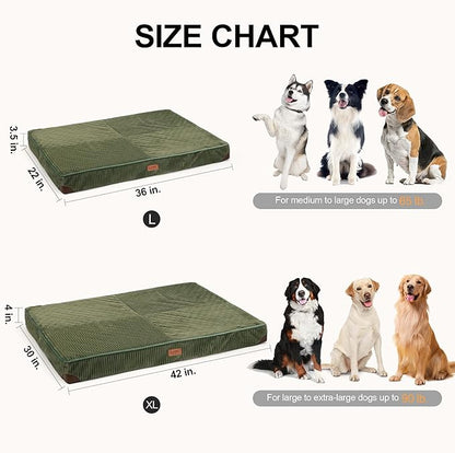 FUKUMARU Dog Bed, Thickened Corduroy Orthopedic Dog Beds with Washable Cover, Large Waterproof Dogs Bed for Crate, 28D Egg Crate Foam Support Pet Mat, Cozy Pet Bed Pad with Anti-Slip Bottom, Green