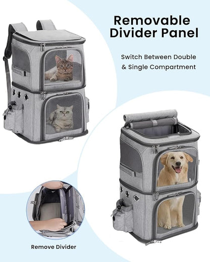 Double-Compartment Pet Carrier Backpack for Small Cats and Dogs, Cat Travel Carrier for 2 Cats, Perfect for Traveling/Hiking/Camping, Grey, XL