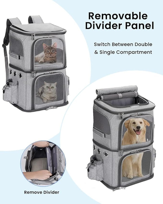 Double-Compartment Pet Carrier Backpack for Small Cats and Dogs, Cat Travel Carrier for 2 Cats, Perfect for Traveling/Hiking/Camping, Grey, XL