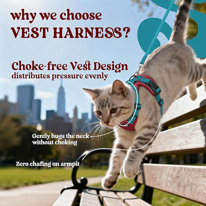 rabbitgoo Cat Harness and Leash for Walking, Escape Proof Soft Adjustable Vest Harnesses for Cats, Easy Control Breathable Reflective Strips Jacket, Red & Teal, XXS