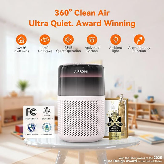 AIRROMI HEPA Air Purifier for Bedroom&Home,Pet Air Purifier for Home Pets,Removes Pet Odor,Cat Litter Smell,Dust,Smoke&Allergies,Quiet Room Air Purifier with Scents,360°Air Cleaner,A2005 Beige