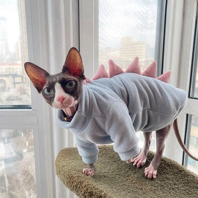 Dinosaur Sphynx Cat Clothes, Soft Polar Fleece Sweater for Cat, Elastic Pet Clothes Thick Winter Warm Outfit for Hairless Cat, Devon, Cornish, Small Dogs Apparel with Sleeves (Sky Blue, XX-Large)