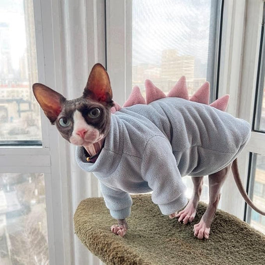 Dinosaur Sphynx Cat Clothes, Soft Polar Fleece Sweater for Cat, Elastic Pet Clothes Thick Winter Warm Outfit for Hairless Cat, Devon, Cornish, Small Dogs Apparel with Sleeves (Sky Blue, XX-Large)