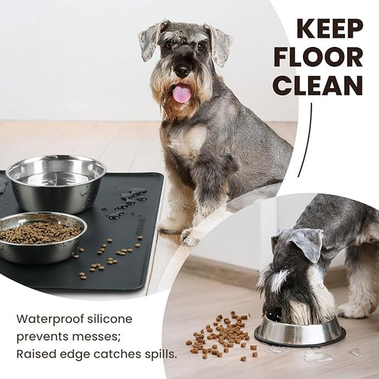 VIVAGLORY Dog Food Mat Flexmat Dog Bowl Mat, Placemat Food Tray with Raised Edges & Lip for Indoor Floor, Non Slip Waterproof Silicone Dish Placemat for Cat & Pet, L, Black