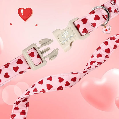 Valentine's Dog Collar, UP URARA PUP Pink Love Heart Adjustable Pet Collar with Bowknot Charm, Adorable Wedding Dog Accessories for Small Medium Large Dogs