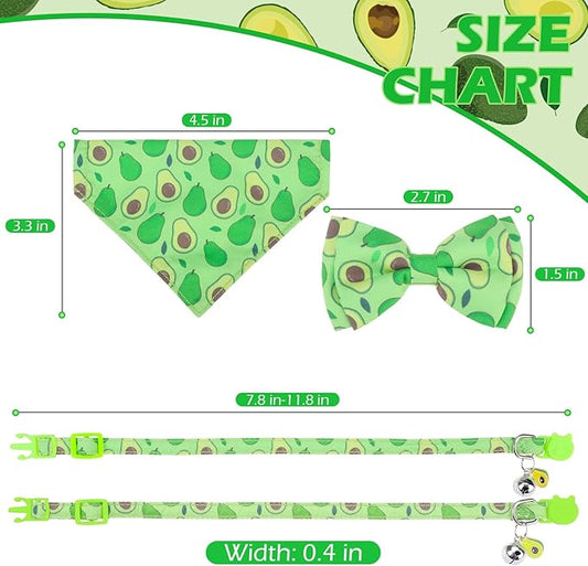EXPAWLORER Cute Cat Collar Breakaway with Bells - 2 Pack Fruit Adjustable Pet Collar with Removable Bow Tie and Bandana, Safety Buckle for Girl Boy Cats Kitten, Avocado