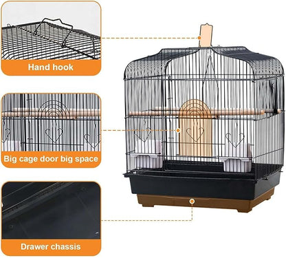 TrailBlaze 20.5Inch Bird Travel Cage with Handle, Metal Bird Carrier with Food Container, Wooden Perch & Pull-Out Tray, Portable Birdcage for Small Parrots Lovebirds Canaries Cockatiels Conures