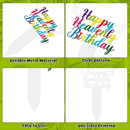 BUoonyer Stake Graves Cemetery Decorations - Happy Birthday in Heaven Metal Memorial Grave Markers, Happy Heavenly Birthday Graveyard Sympathy Plaque, Graveside Burial Decor Sign for Yard Garden