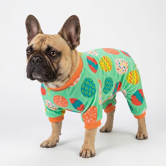 Fitwarm Easter Egg Dog Pajamas, Holiday Dog Clothes for Small Dogs Girl Boy, Pet Easter Outfit, Puppy Cat Onesie, Lightweight Velvet, Light Green, Orange, XS