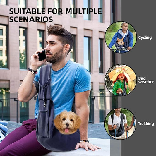 Dog Carrier Sling - Reversible Puppy Carrier Purse with Storage Pocket, Hand-Free Dog Sling Carrier for Carry Small Dogs and Cats, Travel Safety Harness, Dog and Cat Harness (Dark Blue)
