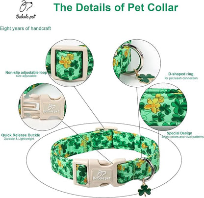 St. Patrick's Day Dog Collar for Medium Dogs - Green Shamrock & Yellow Flower Print Dog Collars, Cute Irish Party Puppy Collar, Lightweight Adjustable St. Patricks Day Pet Collars M