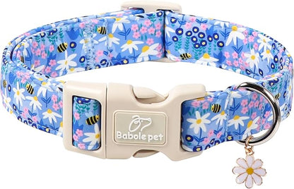 Floral Dog Collar for Small Dogs - Cute Spring Dog Collars, Soft Lightweight Bee & Daisy Puppy Collar, Breathable Adjustable Male Female Blue Wildflowers Dogs Collars XS