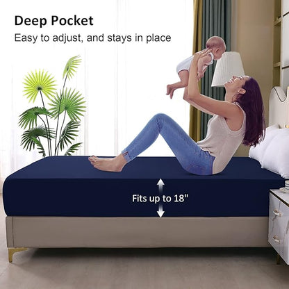 Waterproof Mattress Protector Full, Fitted Sheet Style Breathable Mattress Cover with Deep Pocket Fits Up to 18'', Noiseless Bed Cover for Kids Adults Pets, Machine Washable(Navyblue, 54'' X 76'')