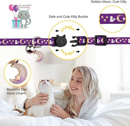 Baeuppit 2PCS Breakaway Cat Collars with Bell Moons Stars Cute Kitty Adjustable Safe Kitten Collars with Pendant Glow in The Dark(Purple&Pink)