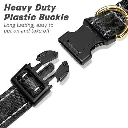 Reflective Dog Collar for Large Dogs, Cute Camouflage Adjustable Heavy-Duty Nylon Puppy Collar for Boy and Girl Female, Soft Pet Accessories with Quick Release Buckle, Black