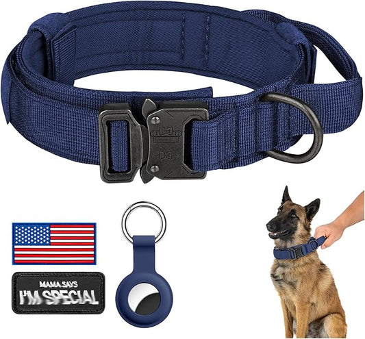 DAGANXI Tactical Dog Collar, Adjustable Military Training Nylon Dog Collar with Control Handle and Heavy Metal Buckle for Medium and Large Dogs, with Patches and Airtags Case (Midnight Blue, M)