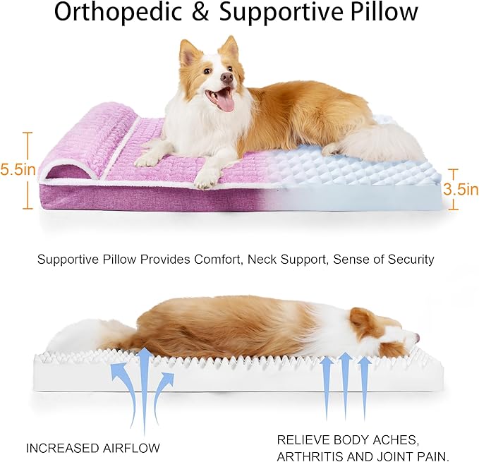 Orthopedic Jumbo Dog Bed Large Sized Dog with Pillow 56''X40'' Waterproof Soft Comfortable Egg Crate Foam Pet Crate Beds Mat with Removable Washable Cover and Non-Slip Bottom, Lilac