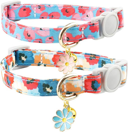 Faygarsle 2 Pack Breakaway Cat Collar with Bells for Girl Cats Cute Pink Collar with Flower Charm Floral Girly Spring for Cats