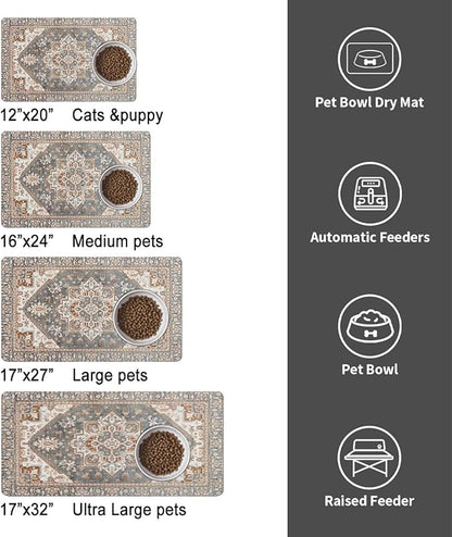 Dog Food Mats for Floors, Absorbent and Quick-Drying Pet Cat Food Mat,Anti-Fouling and Easy-to-Clean Pet Feeding Mat,Dog Bowl Mat for Messy Drinking Water Bowls.17 x27, Bohemia Style