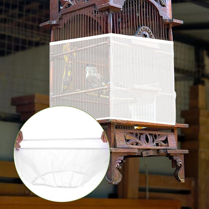 Universal Bird Cage Cover Skirt - Adjustable Soft Airy Nylon Mesh Net, Seed Catcher, Guard for Parrot, Parakeet, Macaw - Round & Square Cages (White)