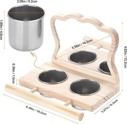 Feeder with Acrylic Mirror & Stainless Steel Bowls, Natural Wood Perch, Cage Accessories, Parakeet Cage Accessories, Tool-Free Adjustable Supplies for Parakeet Cockatiel Lovebird