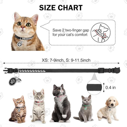 Leather Personalized Breakaway Cat Collar with Studded Bell and Safety Quick Release Buckle - Rivets Studded ID DIY Collars for Boy Girl Cats Kittens, 9" - 11.5" Black