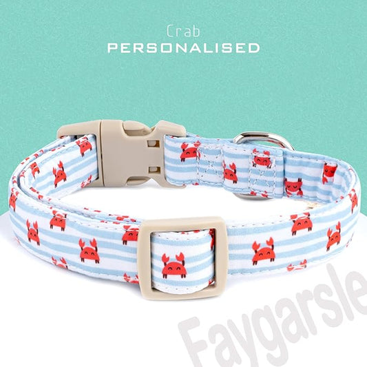 Faygarsle Cute Crab Pattern Dog Collar, Cotton Fabric, Light Blue Stripes, for Small Medium Large Dogs S