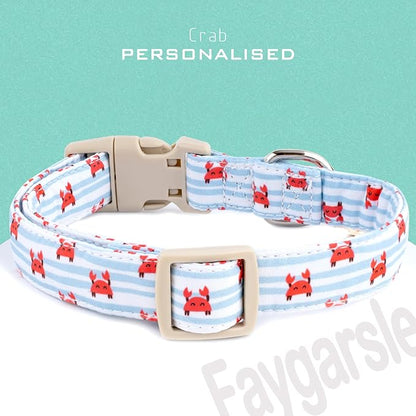 Faygarsle Cute Crab Pattern Dog Collar, Cotton Fabric, Light Blue Stripes, for Small Medium Large Dogs XS