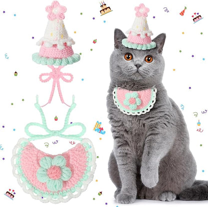 Sanwuta 2 Pcs Cat Birthday Party Supplies, Knit Cat Hat Kitten Birthday Bib Knit Bandana Pet Party Costume Headwear Accessories for Puppy Kitten Small Dogs Animals(Pink)