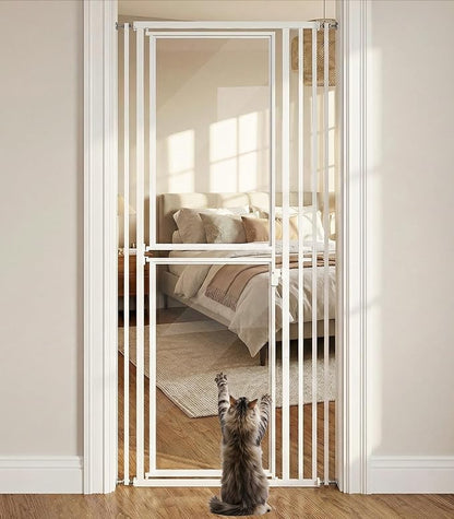 78.7" Extra Tall Cat Gate, Adjustable 27.5"-37.4" Wide Pet Proof Safety Gate, NO Drilling Pressure Mount Dog Gate, Transparent Full Door Pet Gate for Stairs/Studio/Kitchen, White