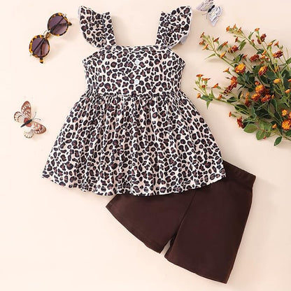 Toddler Baby Girls Summer Clothes Outfits Ruffled Sleeve Dinosaur Shirt Leopard Tops and Shorts Pants Sets 2PCS